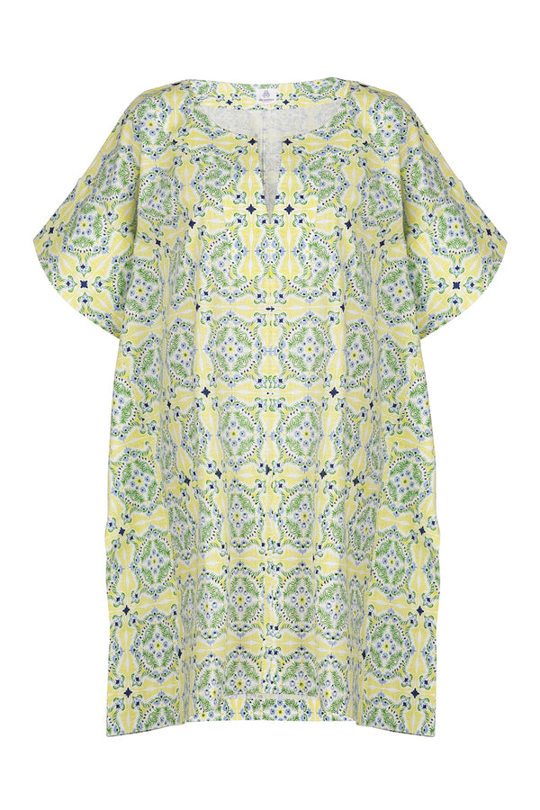 Short Grace Caftan, Blue Tile Print