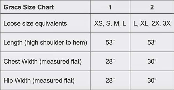 Size chart for Dessous Loungewear Grace Caftan