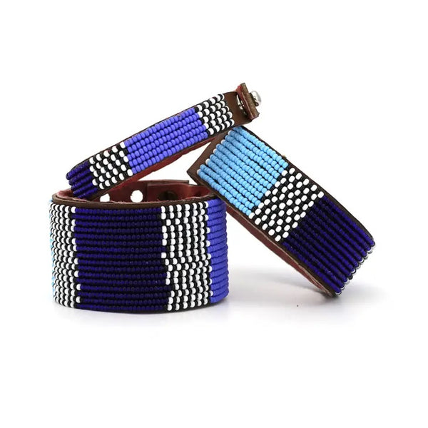 Blue Atlas Hand-Beaded Leather Cuff