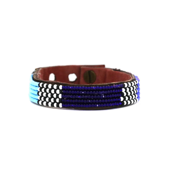 Blue Atlas Hand-Beaded Leather Cuff