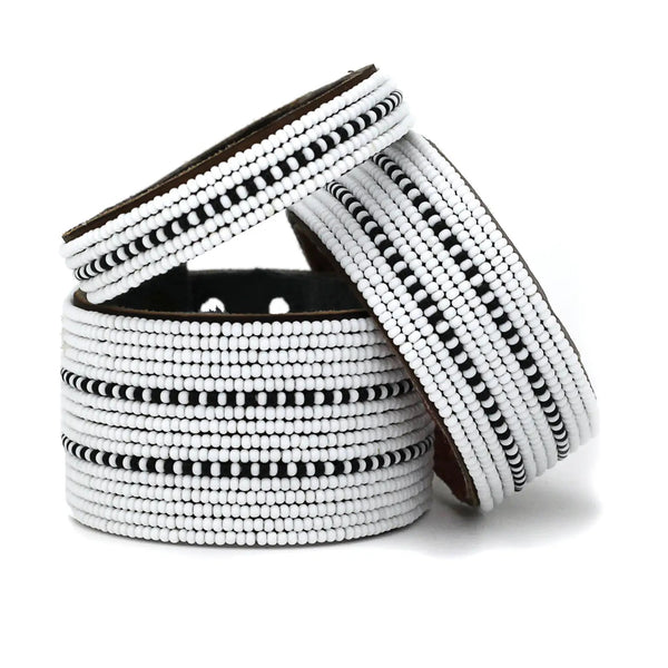 Black Dashes Hand-Beaded Leather Cuff