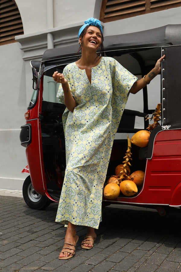 Full-Length Grace Caftan, Blue Tile Print