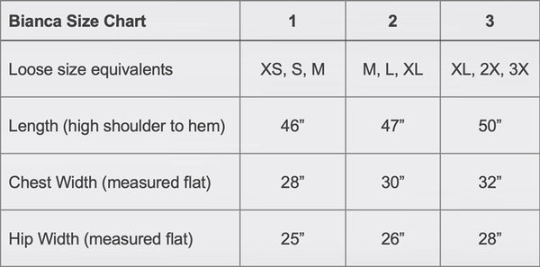 Size chart for Dessous Loungewear Bianca caftan.