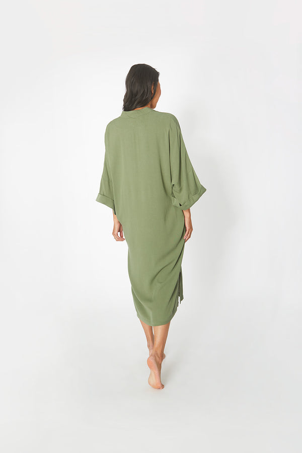 ClosBack view of Dessous Loungewear Bianca Caftan in moss green sustainable Lyocell fabric.
