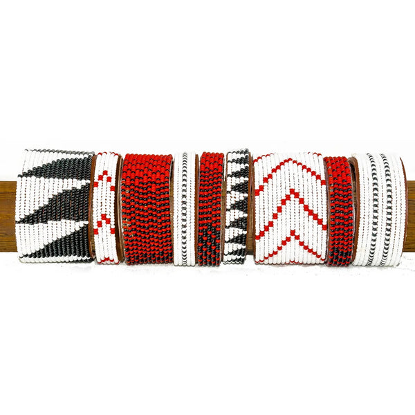 Red and Black Ombre Hand-Beaded Leather Cuff