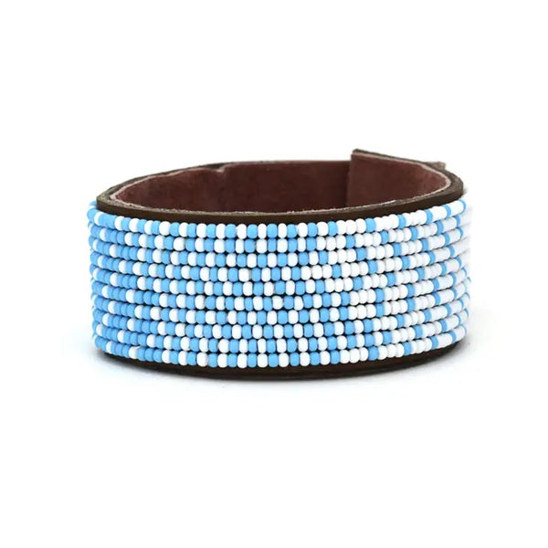 Medium, Light Blue and White Ombre Hand-Beaded Leather Cuff