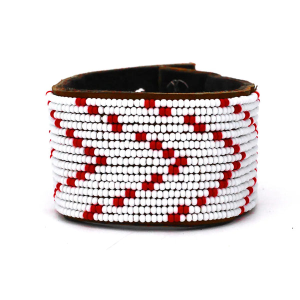 White and Red Chevron Hand-Beaded Leather Cuff