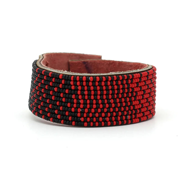 Red and Black Ombre Hand-Beaded Leather Cuff