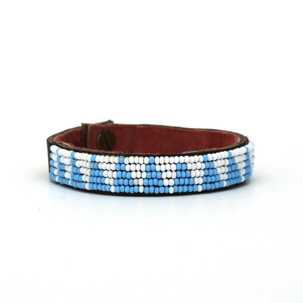 Small, Light Blue Tri Hand-Beaded Leather Cuff