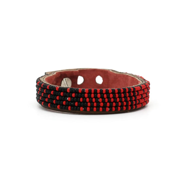 Red and Black Ombre Hand-Beaded Leather Cuff