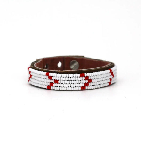 White and Red Chevron Hand-Beaded Leather Cuff