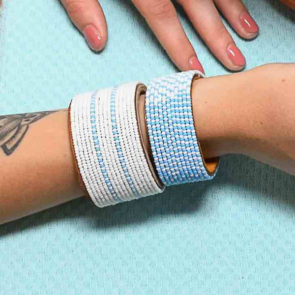 Medium, Light Blue and White Ombre Hand-Beaded Leather Cuff