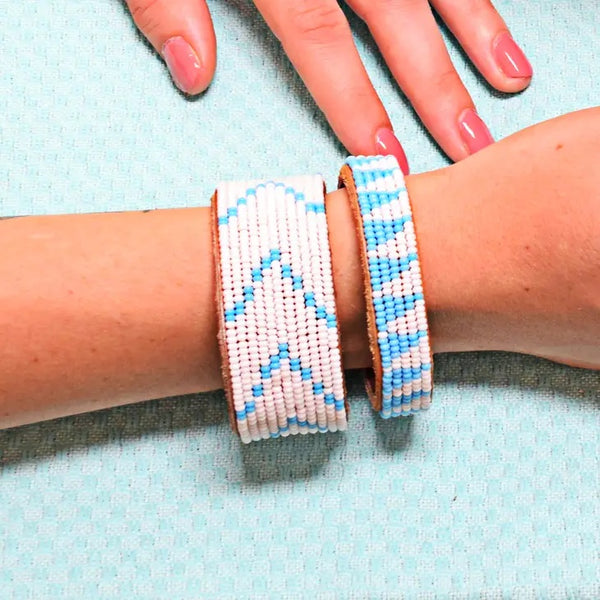 Small, Light Blue Tri Hand-Beaded Leather Cuff